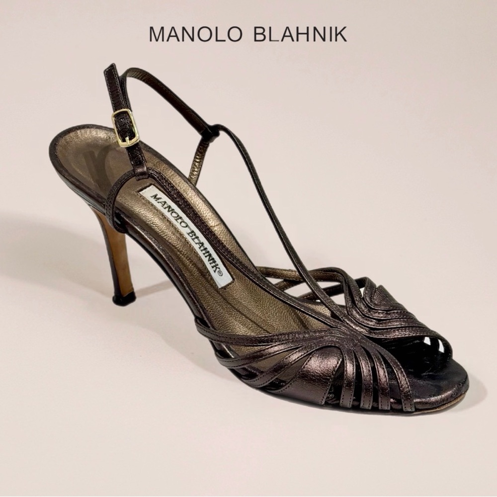 Manolo Blahnik Vintage Metallic Gunmetal Leather Strappy Slingback Heels 37.5